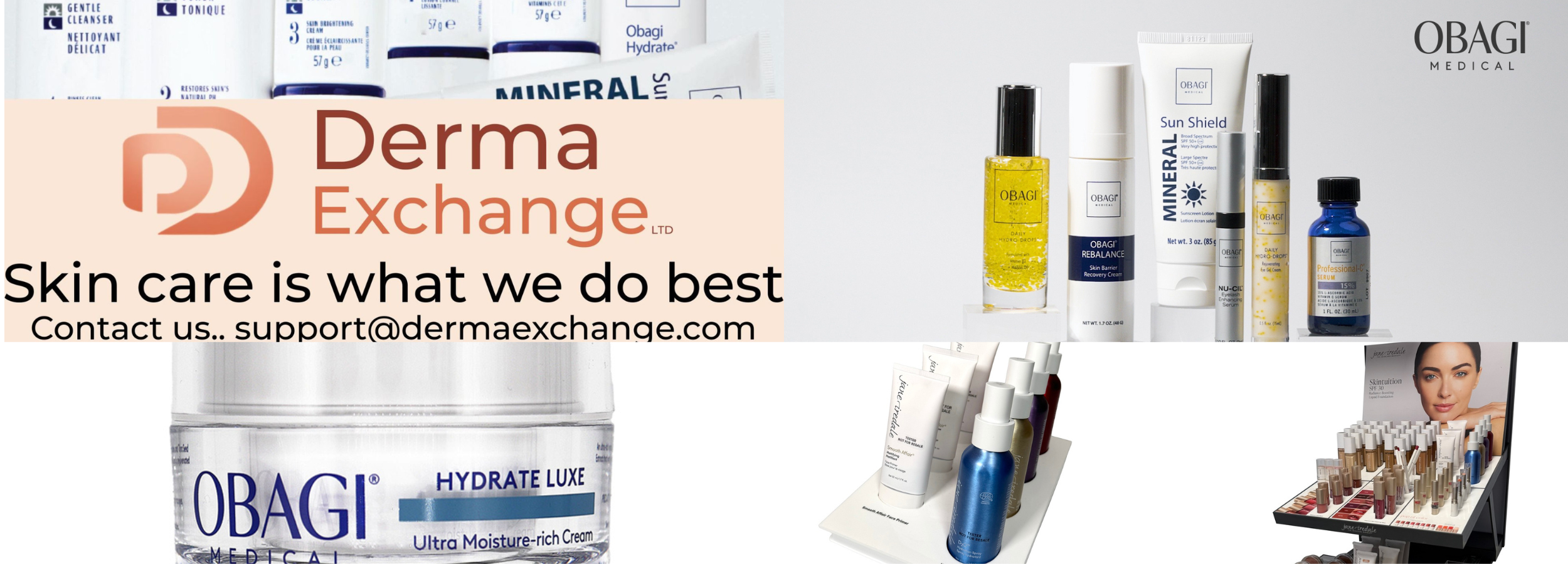A collage-style promotional banner for OBAGI Medical and Derma Exchange skincare products. The banner includes multiple OBAGI skincare bottles and tubes, a large Derma Exchange logo and text, and a small inset photo of a woman in a makeup room setting.