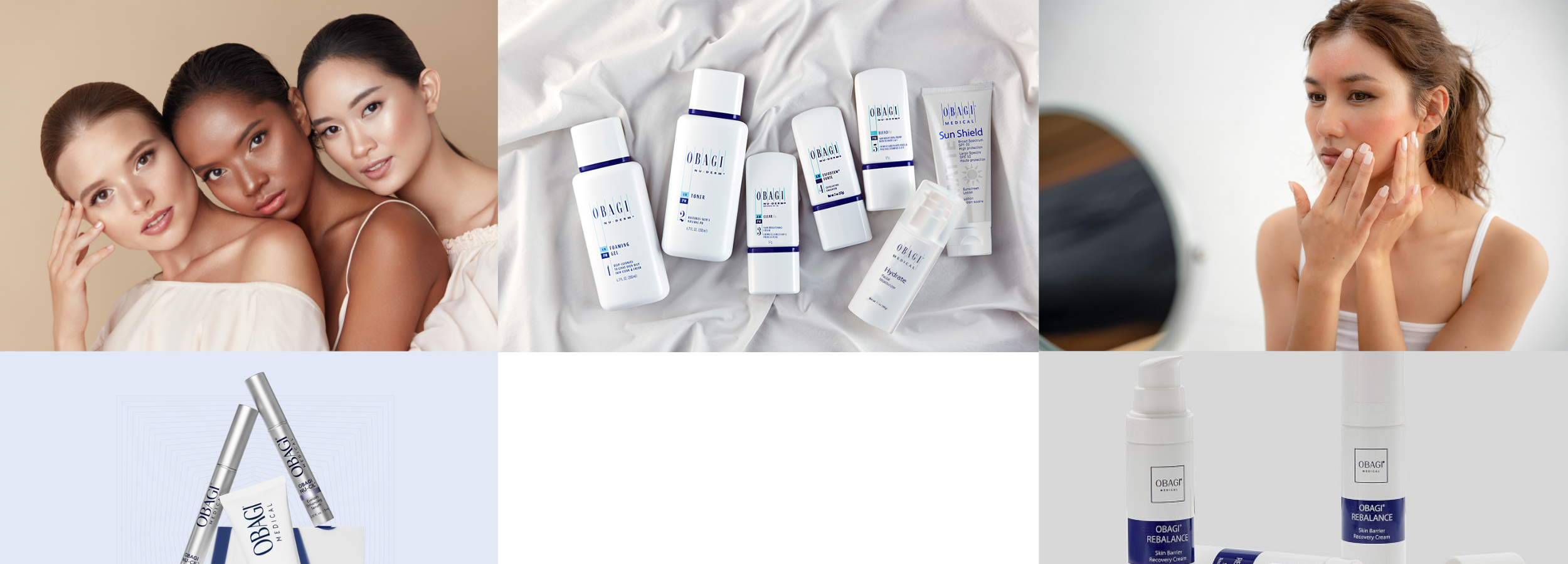 A 2x3 collage of skincare products and models. The top row shows three women applying or touching their faces, a set of white skincare bottles with blue labels on white fabric, and a woman touching her face.